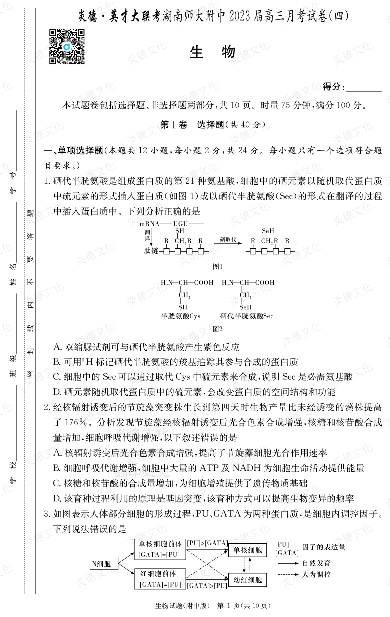[生物]炎德英才大聯考2023屆湖南師大附中高三4次月考